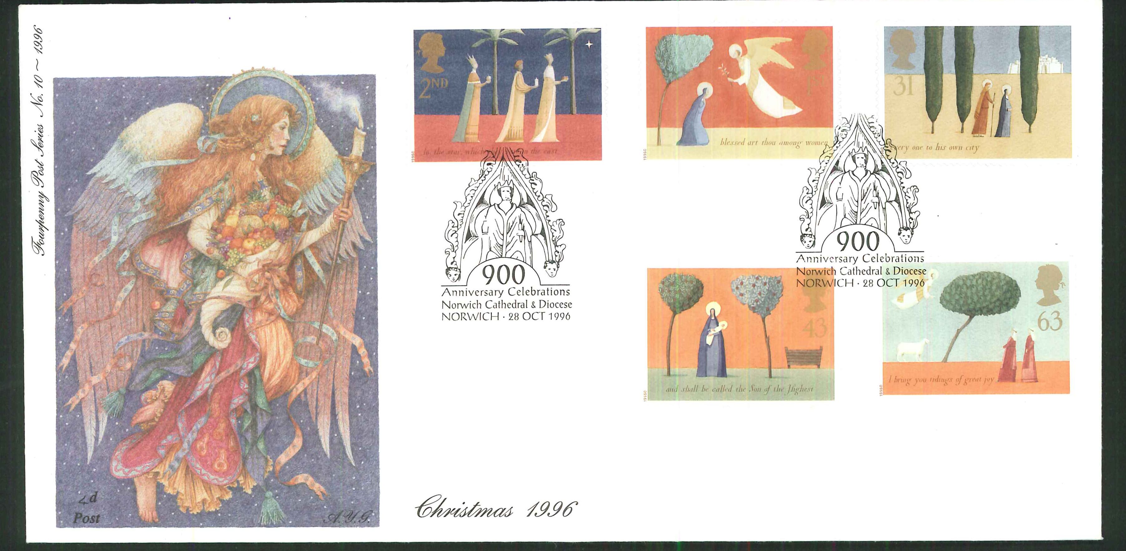 1996 - Christmas, First Day Cover - Norwich Cathedral Postmark