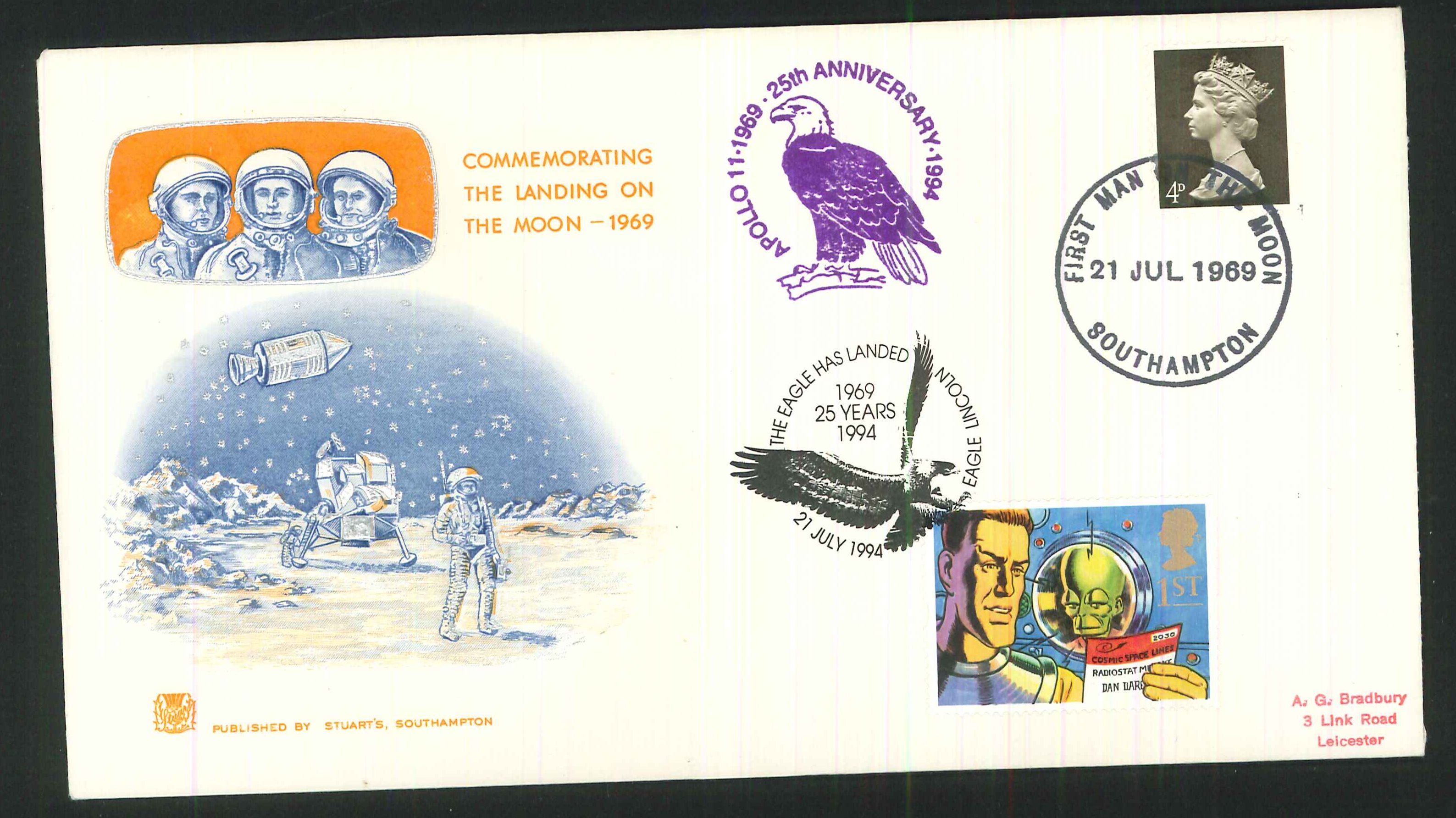 1969 - First Man on the Moon, First Day Cover, Dual Southampton / Eagle Lincoln Postmarks