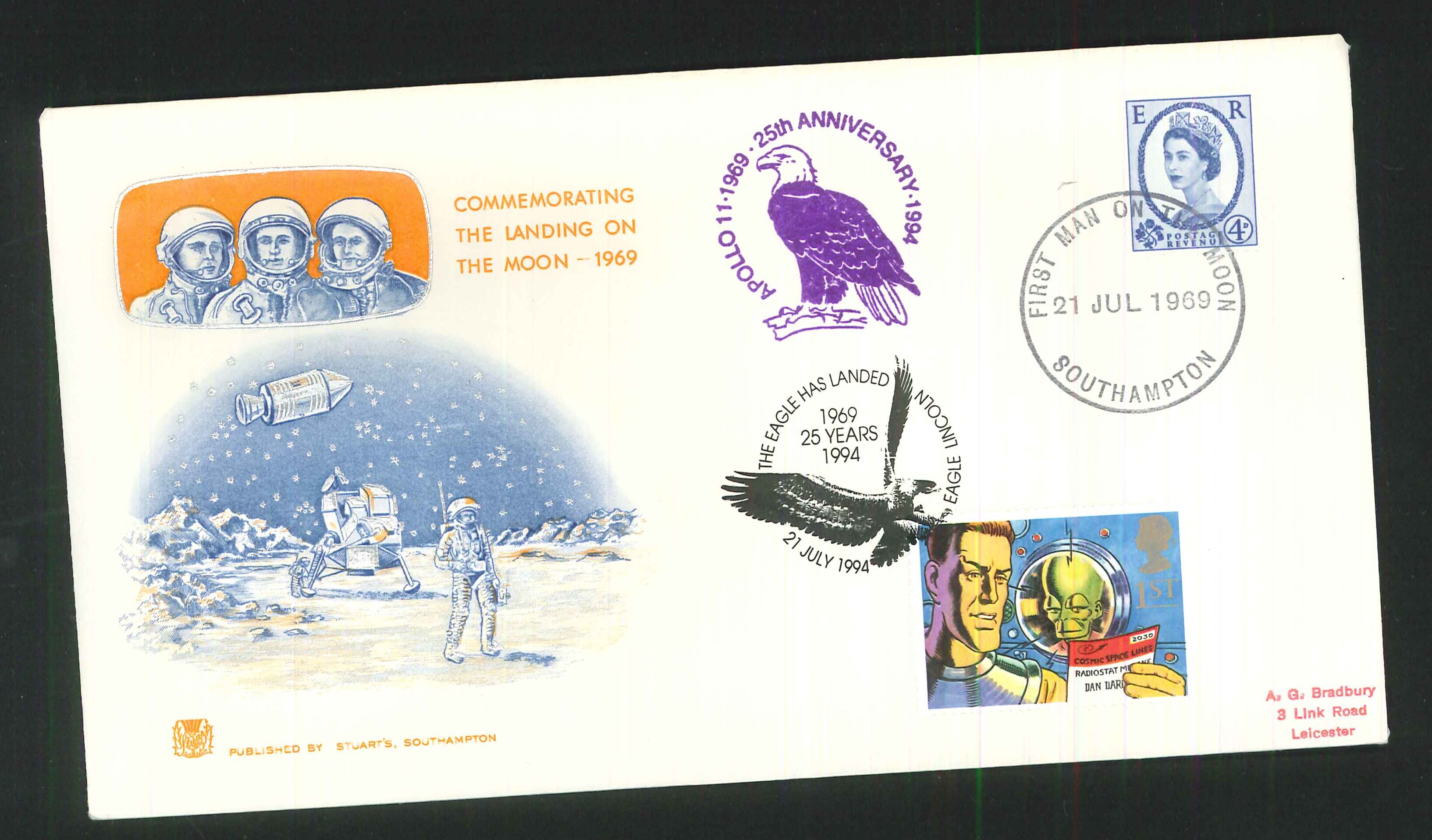 1969 - First Man on the Moon (Wilding), First Day Cover, Dual Southampton / Eagle Lincoln Postmarks