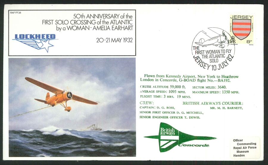 1982 - 50th Anniversary First Atlantic Solo Crossing by a Woman Commemorative Cover - Jersey Postmark