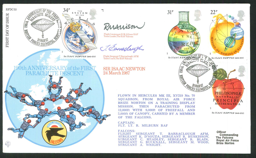 1987 - Sir Issac Newton - 190th Anniv of First Parachute Descent, FDC - BF2151PS Pmk - Signed