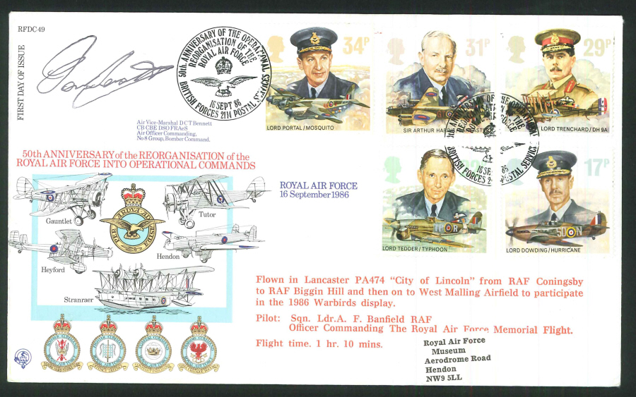 1986 - 50th Anniversary of Reorganisation of RAF Operational Commands FDC -BF2114PS Pmk-Signed
