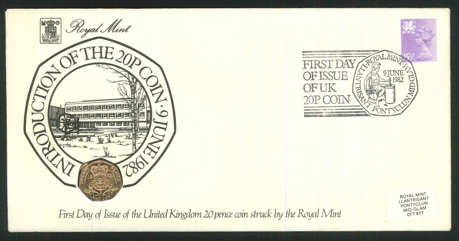1982 - First Day of 20p Coin Cover - 20p Coin & Llantrisant Postmark