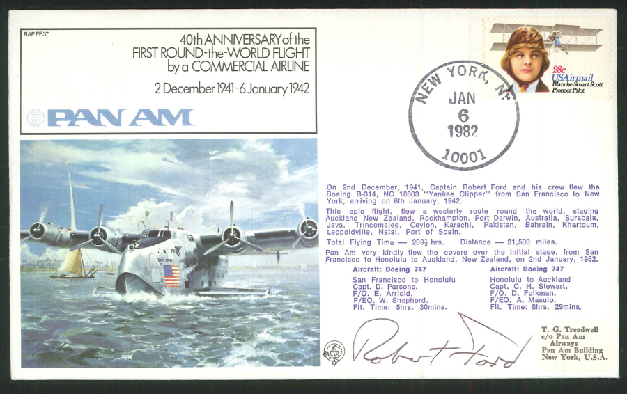 1982 - 40th Anniv. First Round the World Flight Commemorative Cover - New York Postmark - Signed