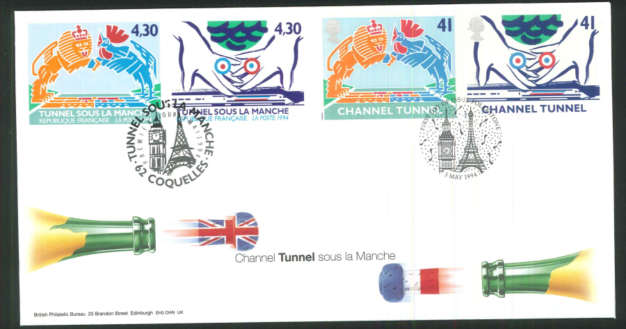 1994 - Channel Tunnel Pair of First Day Covers - Folkestone/Coquelles Postmarks