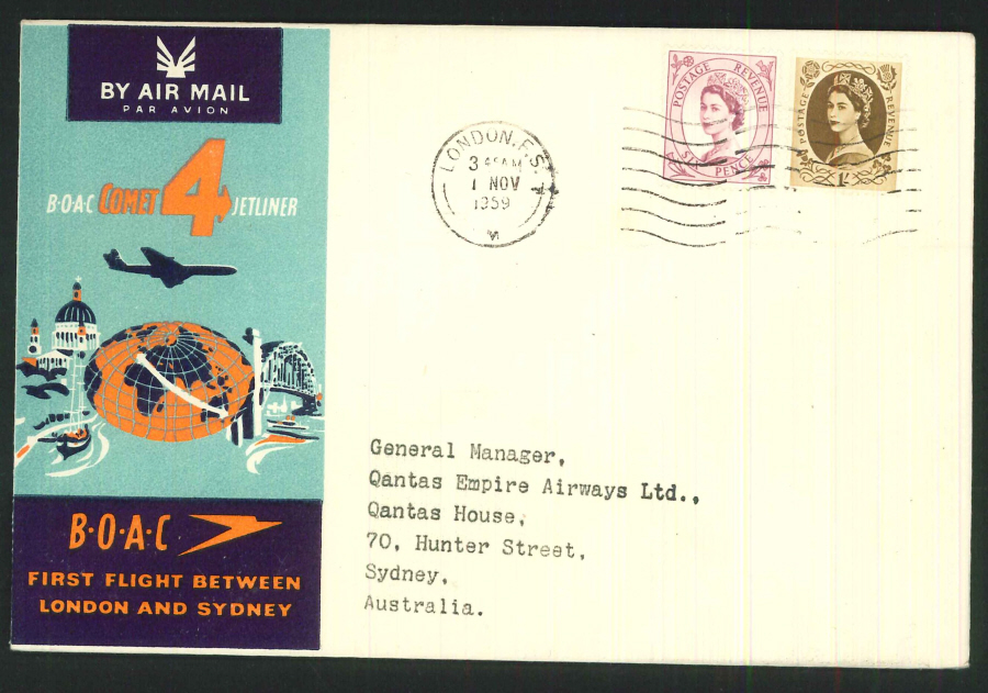 1959 - First Flight London & Sydney (Comet) Commemorative Cover - London Postmark