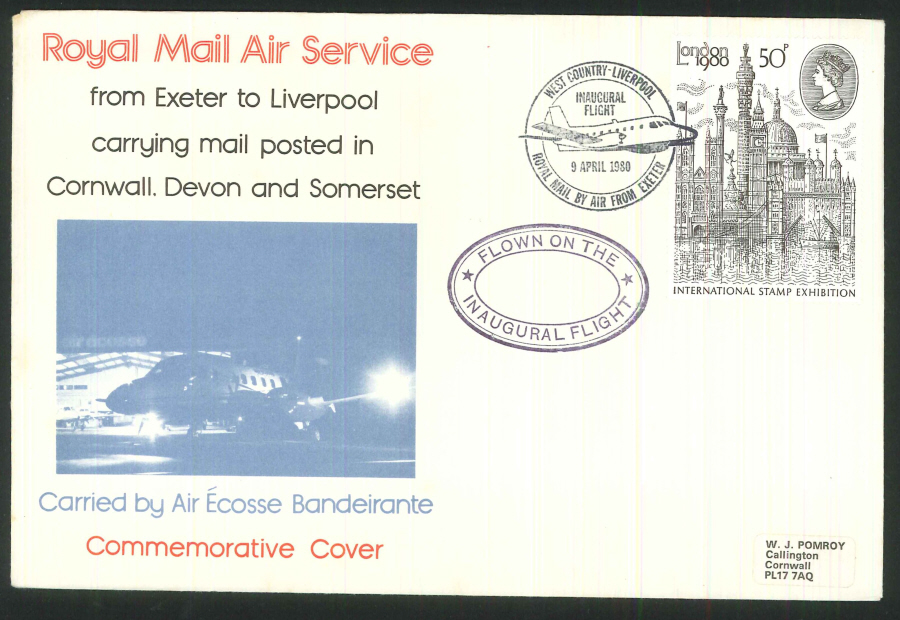 1980 - Inaugural Flight West Country to Liverpool Commemorative Cover - By Air from Exeter Postmark