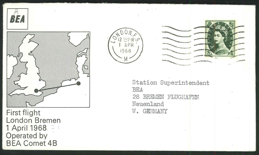 1968 - First Flight London to Bremen (BEA Comet 4B) Commemorative Cover - London Postmark