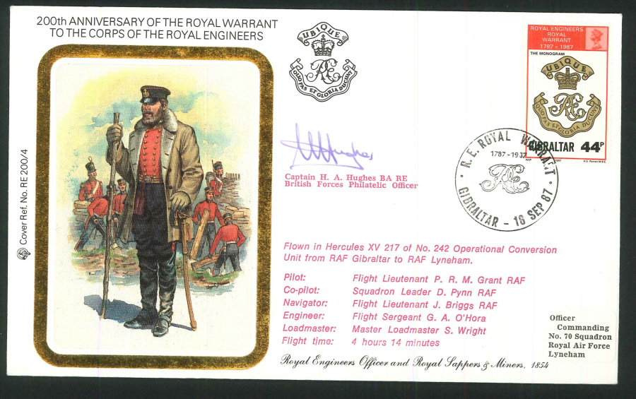 1987 - 200th Anniv.Royal Warrant Royal Engineers Commemorative Cover - Gibraltar Postmark - Signed
