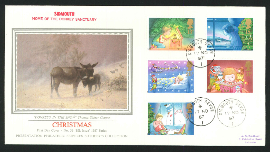 1987 - Christmas First Day Cover - CDS Sidmouth, Devon Postmark