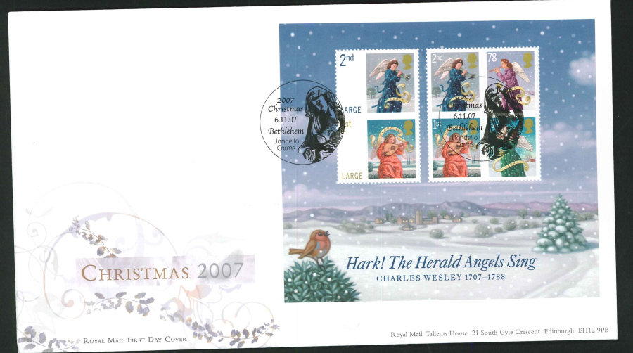 2007 - Christmas Mini Sheet First Day Cover - Bethlehem, Llandeilo Postmark