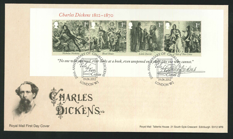 2012 - Charles Dickens Mini Sheet First Day Cover - Tale of Two Cities, London W2 Postmark