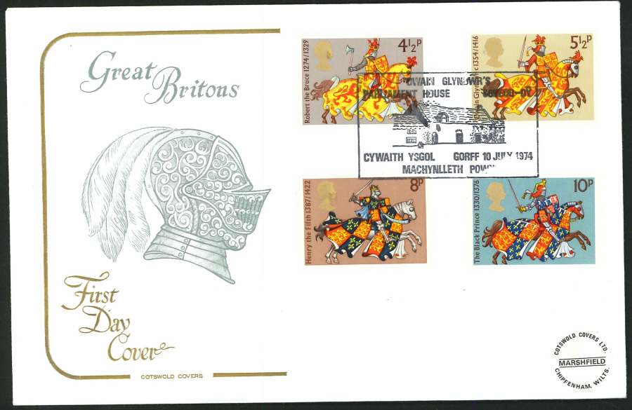 1974 - Great Britons First Day Cover - Glyndwr's Parliament House, Machynlleth Postmark