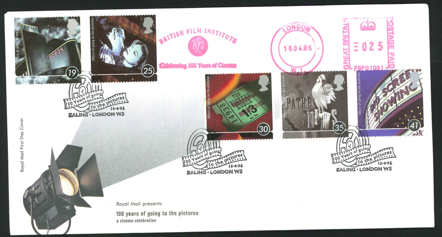 1996 - 100 Years of the Cinema First Day Cover - Meter Mark & Ealing Postmark