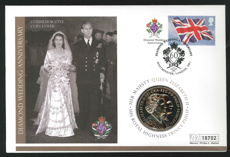 2007 - Diamond Wedding Anniversary Coin Commemorative Cover - £5 Coin & Westminster Postmark