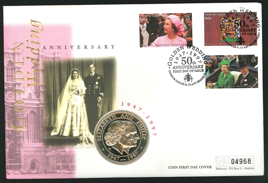 1997 - Golden Wedding Anniversary Coin First Day Cover - 5 Crowns Coin & Turks & Caicos Postmark