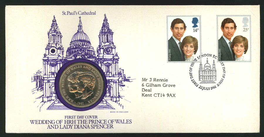 1981 - Royal Wedding Coin First Day Cover - Crown Coin & London EC Postmark