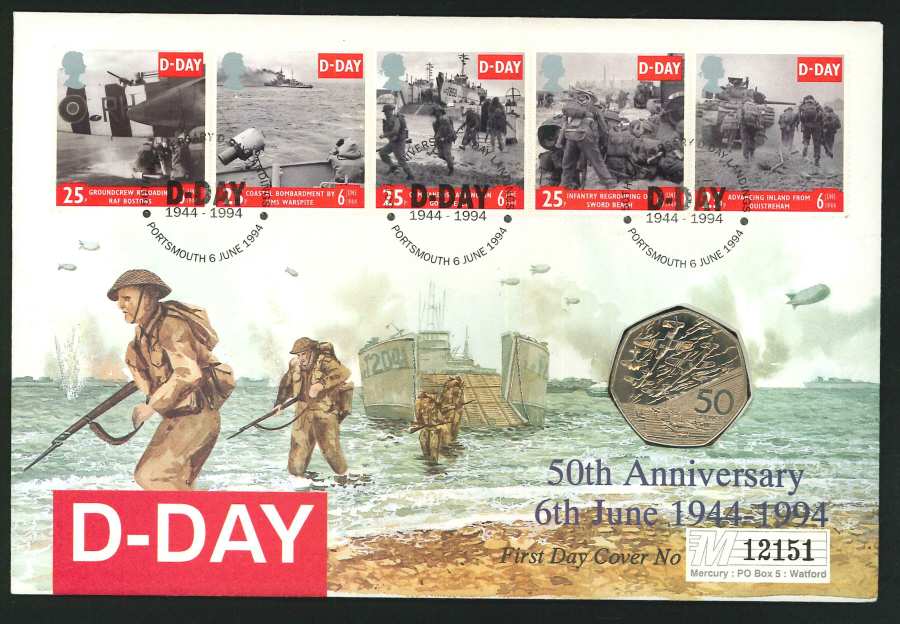 1994 - D-Day Coin First Day Cover - 50p Coin & Portsmouth Postmark