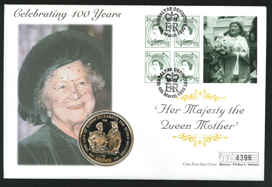 1999 - Queen Mother Celebrating 100 Years Coin First Day Cover - Crown Coin & Gibraltar Postmark