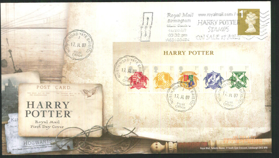 2007 - Harry Potter Mini Sheet First Day Cover - Royal Mail Harry Potter Stamps Slogan Postmark