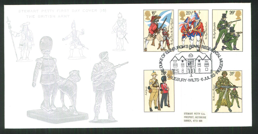 1983 - British Army Stewart Petty FDC - DoE Regimental Museum, Salisbury Postmark