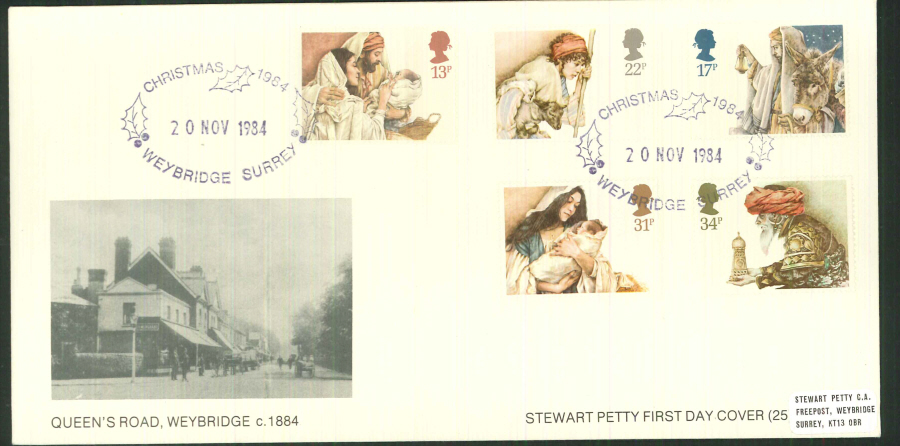1984 - Christmas Stewart Petty FDC - Weybridge Christmas, Postmark