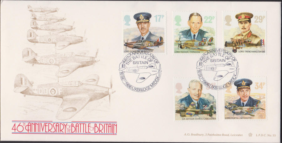1986 - 46th Anniversary ofBattle of Britain RAF F D C BRADBURY OFFICIAL Uxbridge Postmark