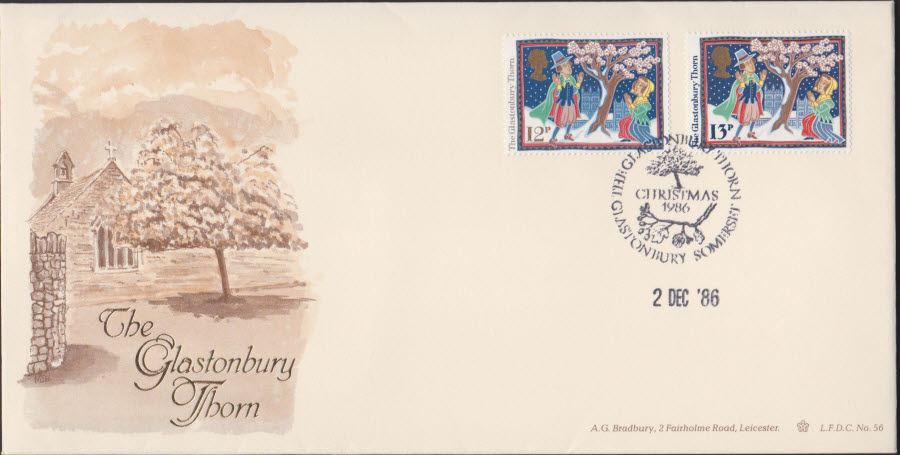 1986 - Christmas First Day Cover BRADBURY :-Glastonbury Thorn official Postmark