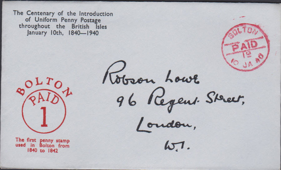 1940 - Robson Lowe Uniform Penny Post Cover Bolton