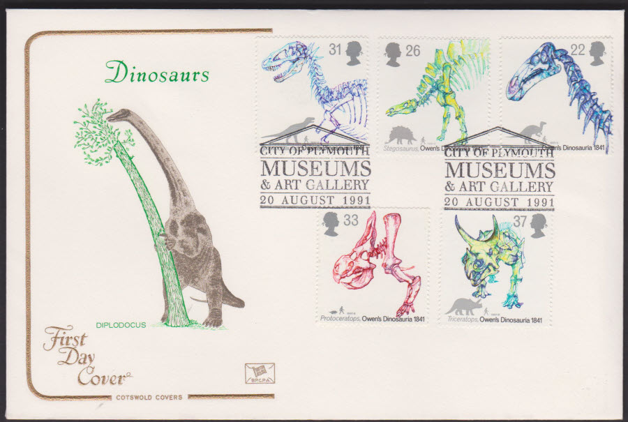 1991 - Cotswold FDC Dinosaurs :- Plymouth Museums Postmark