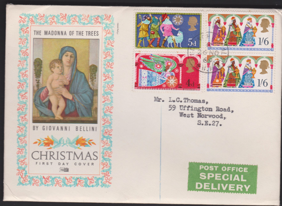 1969 - Christmas , First Day Cover, Kingham Palace CDS Postmark