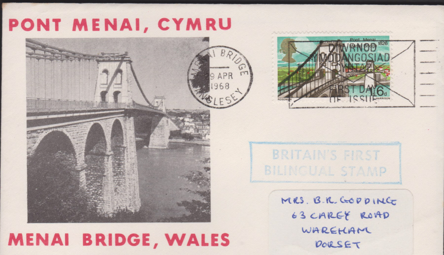 1968- British Bridges First Day Cover, Menai Bridge Slogan Postmark
