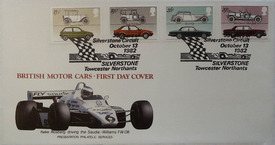 1982 - British Motor Cars PPS - 35 Years of Silverswtone,Towester,Northants Postmark