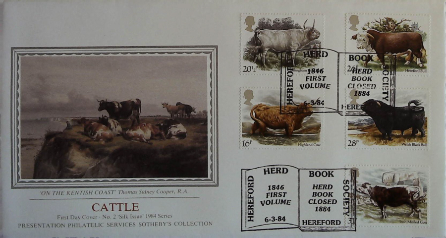 1984 - Cattle PPS SILK FDC - P ostmark :- HEREFORD HERD BOOK