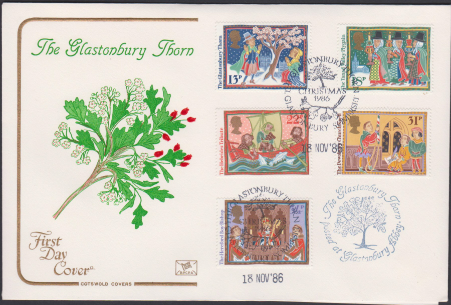 1986 - Christmas First Day Cover COTSWOLD :-Glastonbury Thorn official Postmark