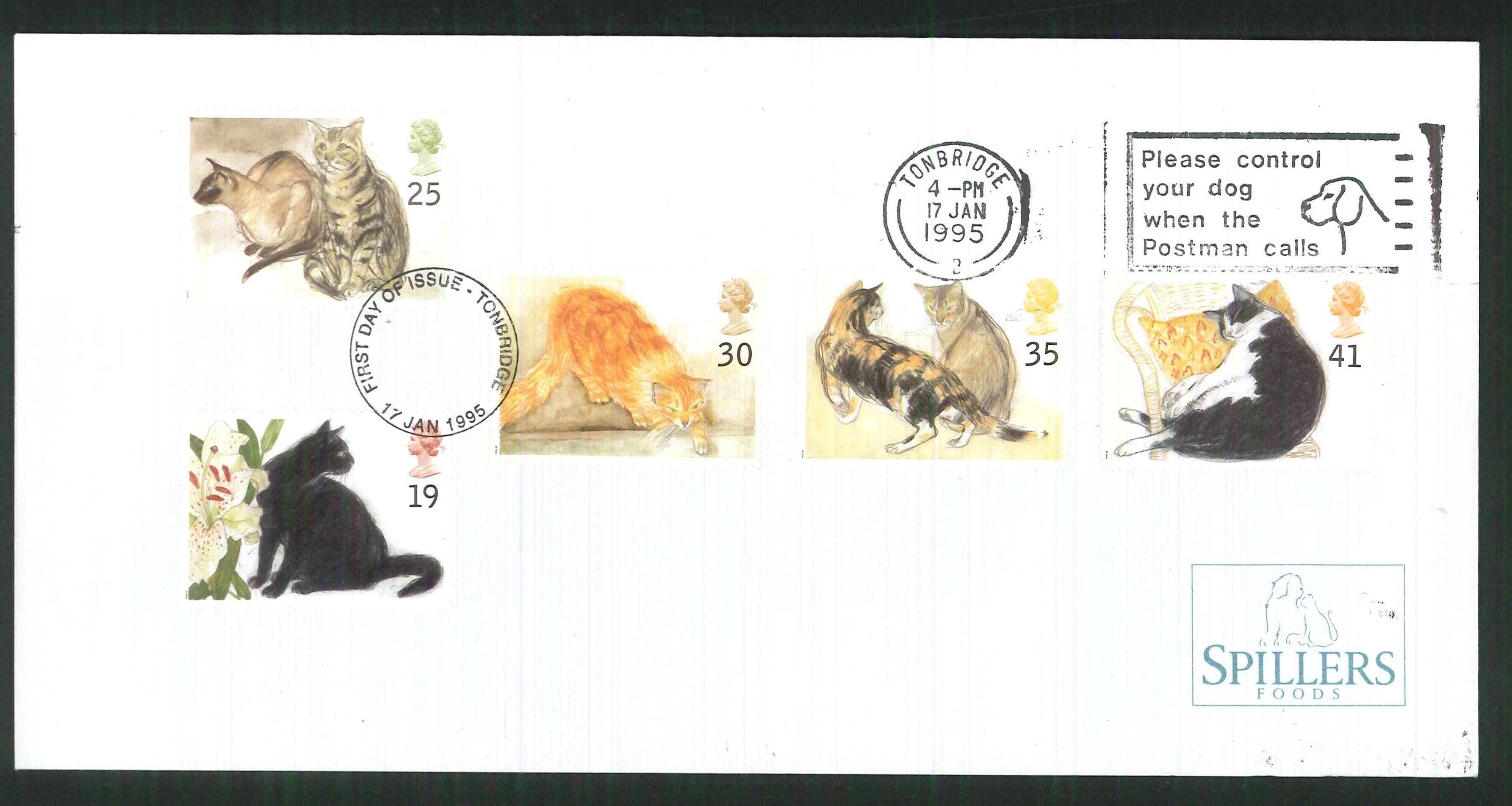 1995 - Cats First Day Cover - Control your Dog Slogan Postmark