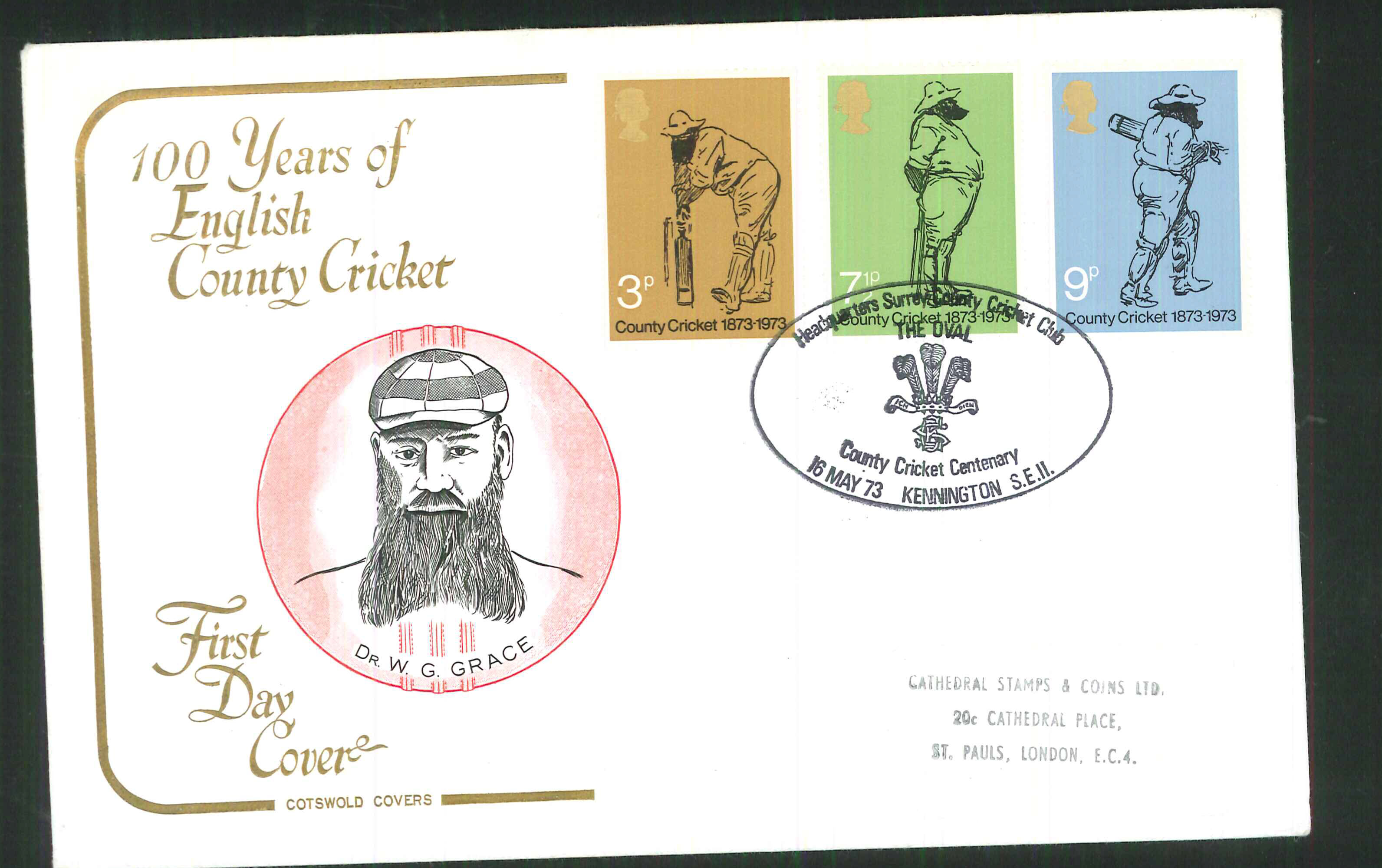1973 Cotswold Cricket FDC The Oval Kennington Handstamp