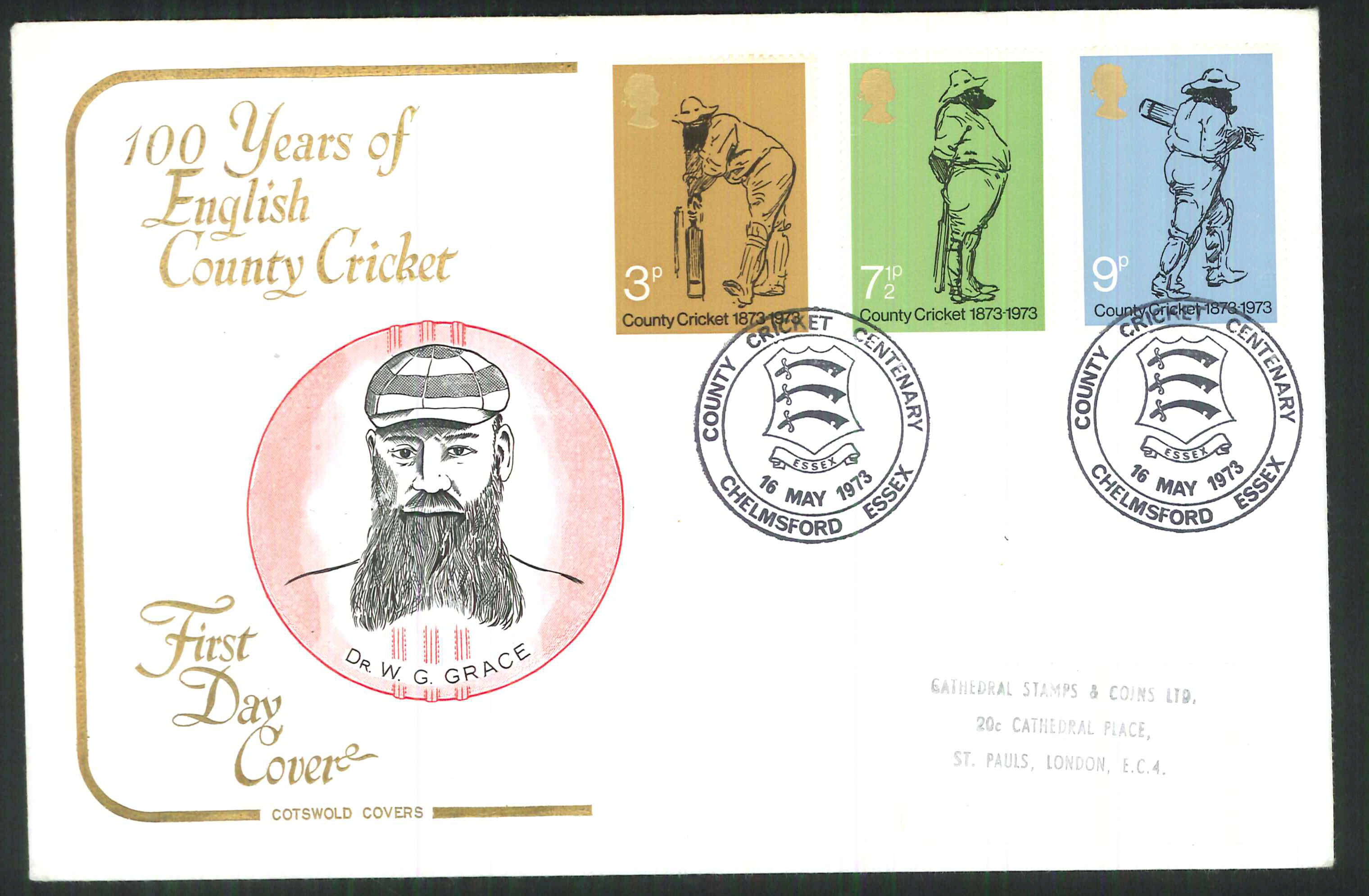 1973 Cotswold Cricket FDC Chelmsford Handstamp