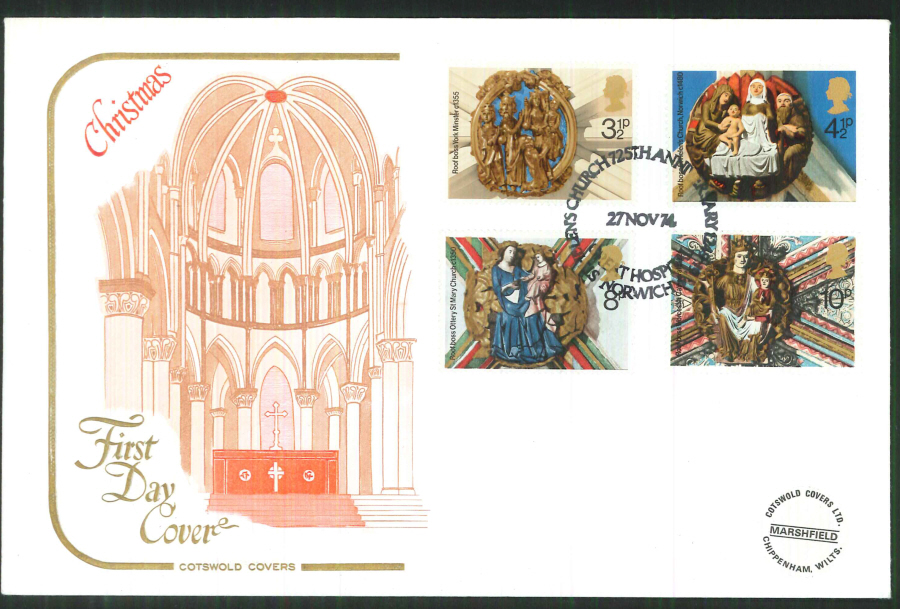 1974 Cotswold Christmas FDC St Helen's Church Norwich Postmark