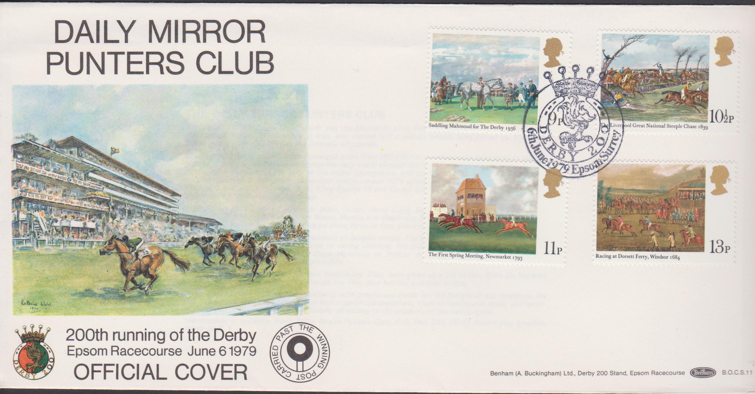 1979 Benham FDC Horse Racing BOCS11 Derby Epsom Surrey Postmark