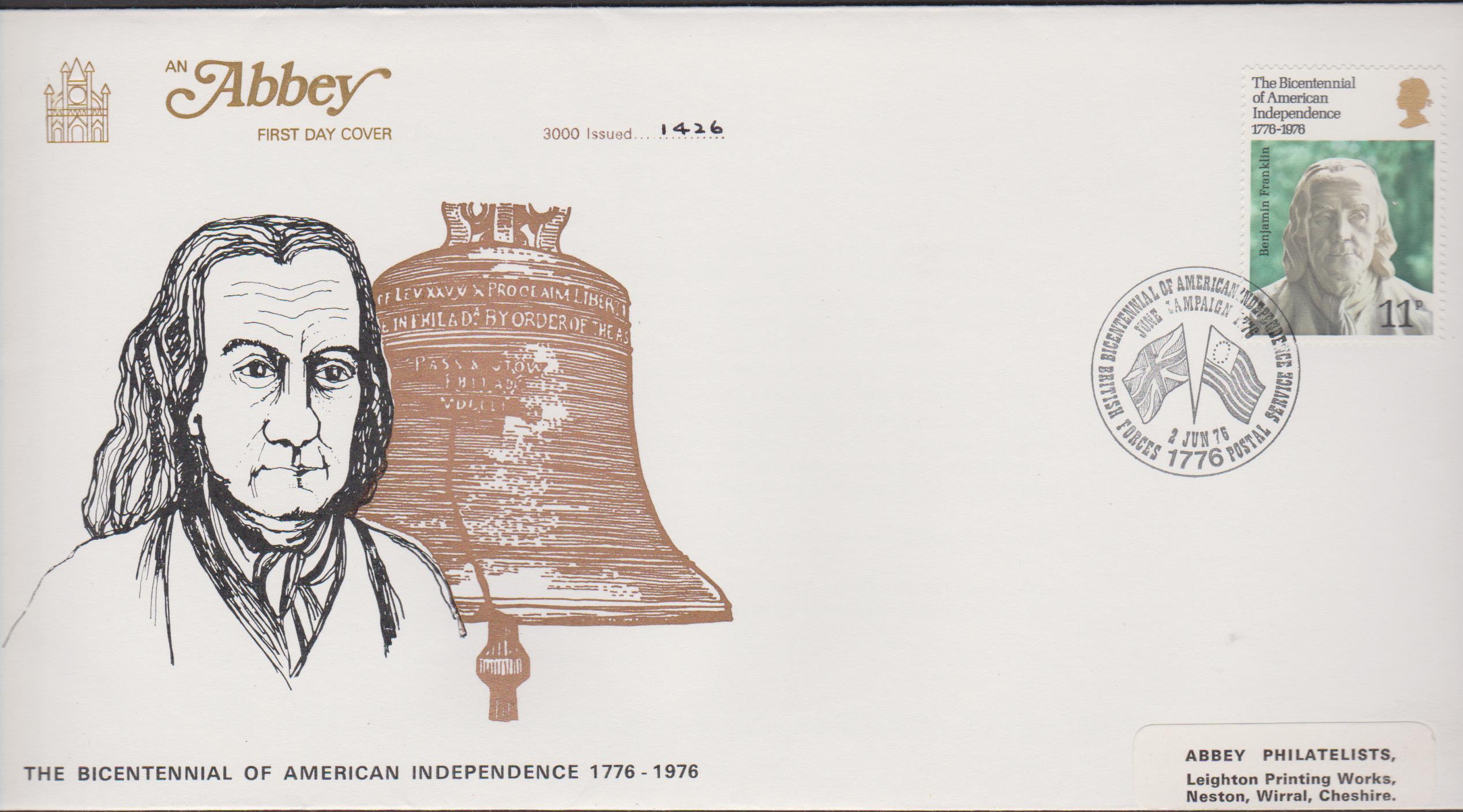 1976 Abbey FDC U S Bicentenary Forces 1776 Postal Service Postmark