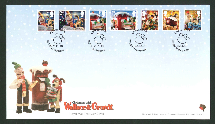 2010 - Christmas Set First Day Cover, Wigan Gt Manchester Postmark