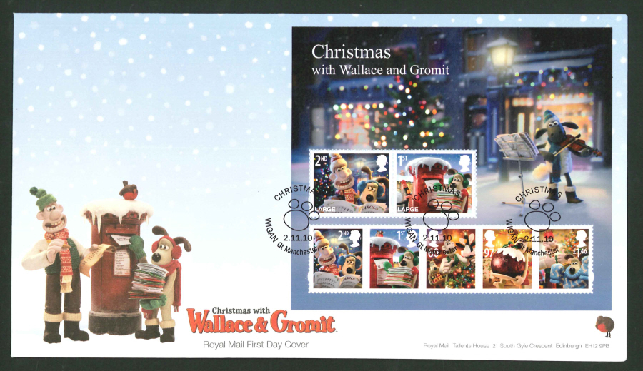 2010 - Christmas Mini Sheet First Day Cover, Wigan Gt Manchester Postmark