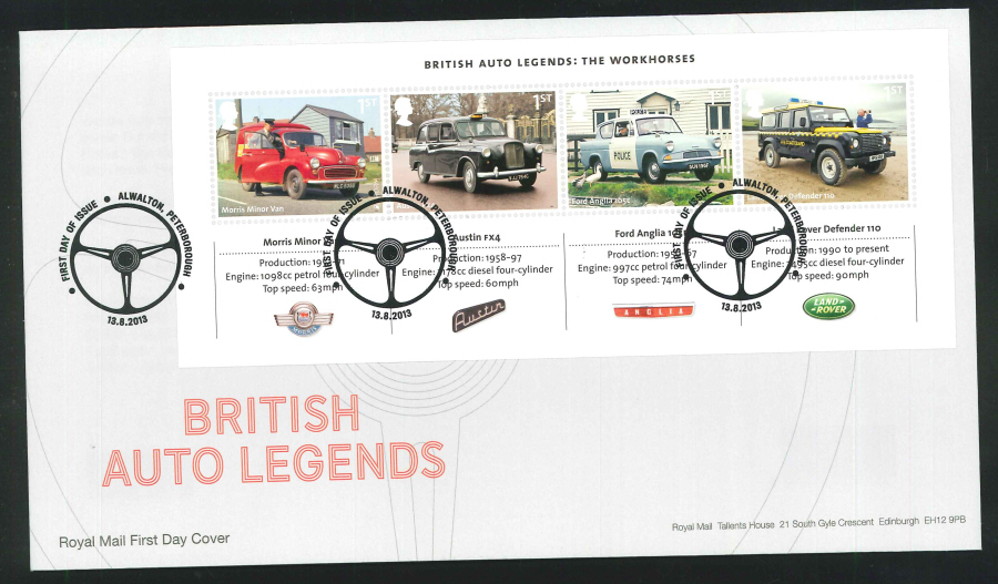 2013 - British Auto Legends Miniature Sheet First Day Cover, FDI Pictorial Alwalton Postmark