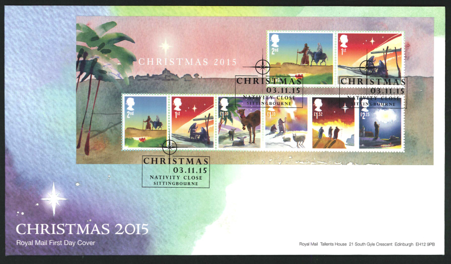2015 - Christmas Miniature Sheet First Day Cover, Nativity Close, Sittingbourne Postmark