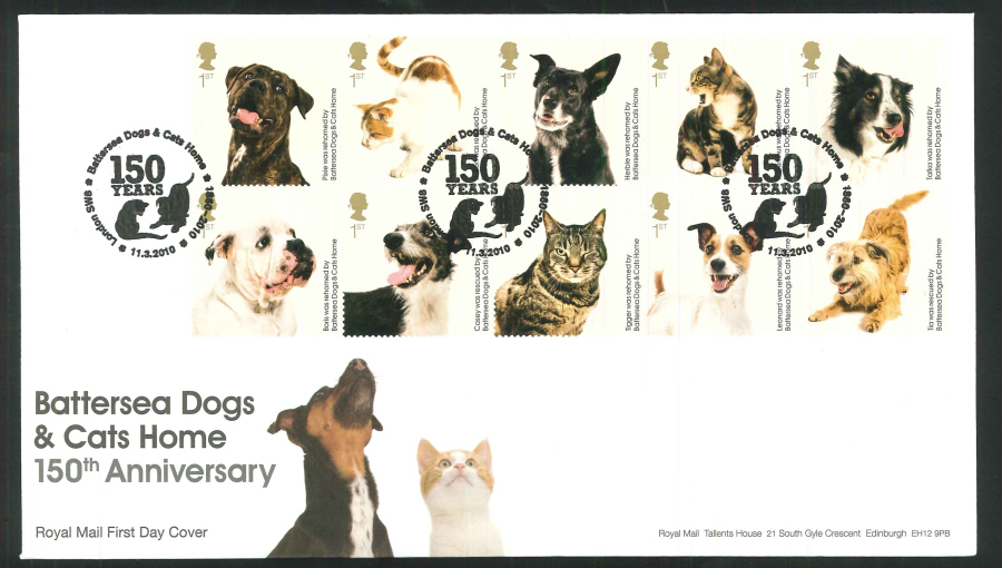 2010 Battersea Dogs & Cats First Day Cover, 150 Years London SW8 Postmark
