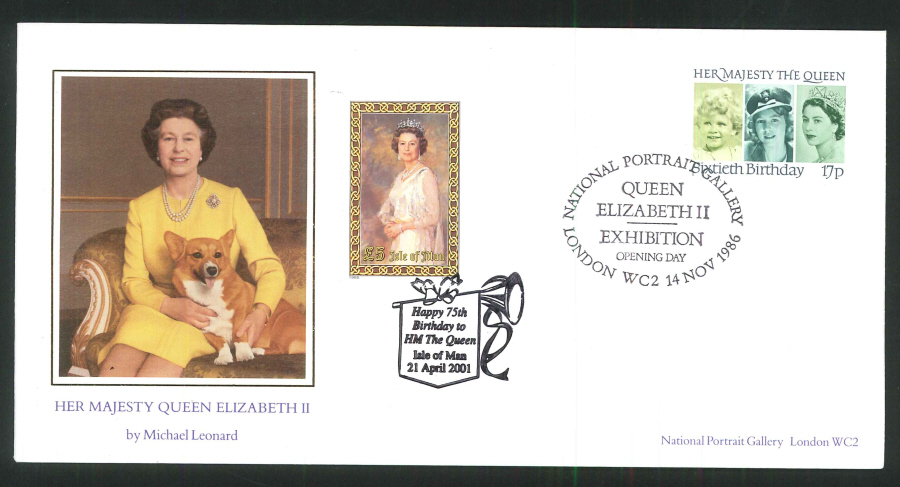 1986 & 2001 Queens 75th Birthday Commemorative Cover- Dual Postmarks National Portrait Gallery & Isle of Man