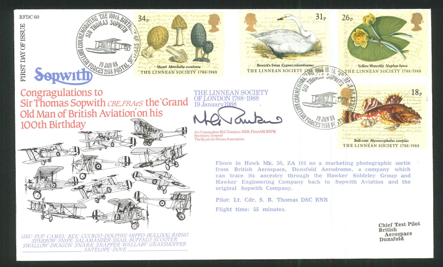1988 - Linnean Society First Day Cover- BFPS 2158 Postmark- Signed (Certified copy no. 0027 of 1350)