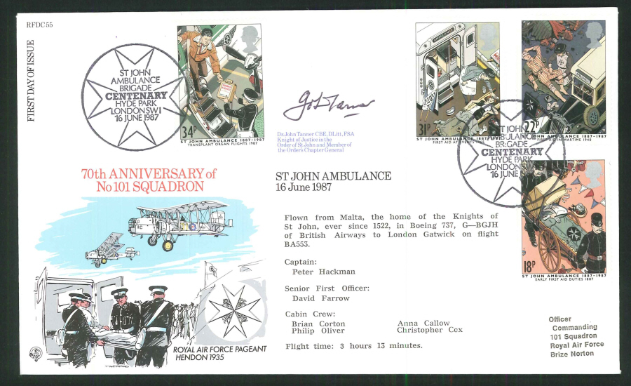 1987 -St.John Ambulance First Day Cover- Hyde Park London Postmark- Signed (Certified copy no. 0563 of 1400)