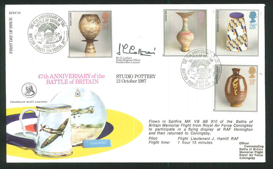 1987 - Studio Pottery First Day Cover - BFPS 2154 Postmark- Signed (Certified copy no. 0915 of 1350)